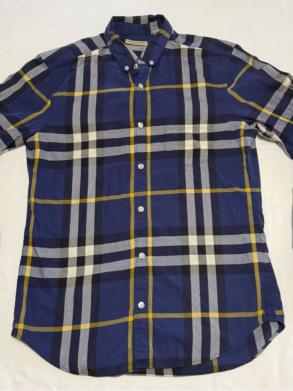 Burberry Navy Blue Plaid Button-Down Shirt with Yellow Stripes